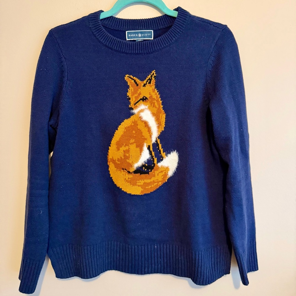 Women’s Karen Scott Navy Blue Sweater Fox Design Small